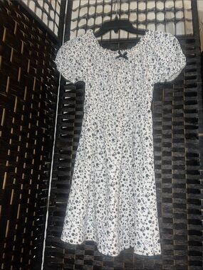 Forever Girl -Little Girls Dress White with Black Floral Print and Puff Sleeves